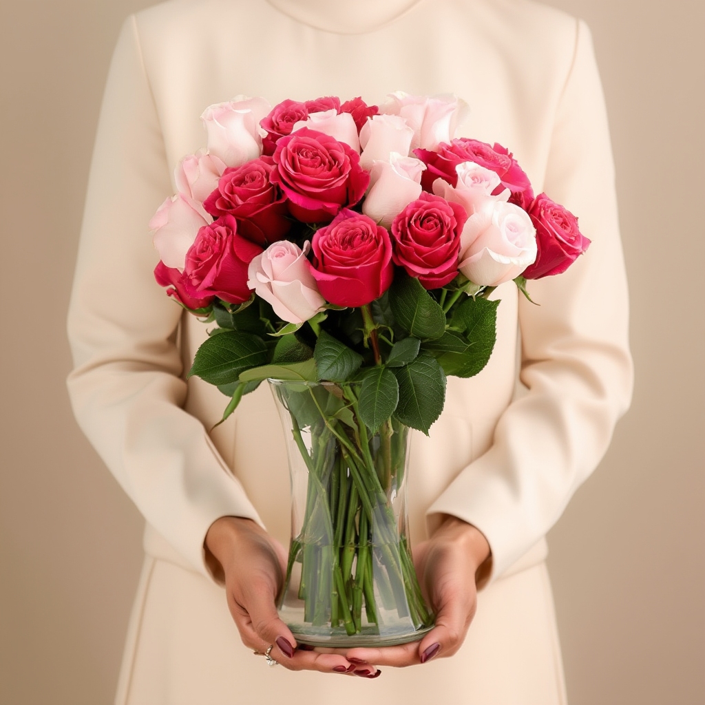 Person holding a vase of pink and white roses against a beige background