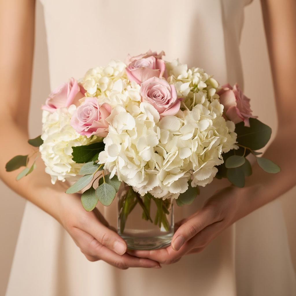 Bouquet of white and pink flowers held by a person against a neutral background