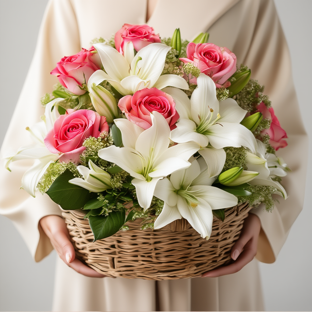 Elegant wide wooden basket arrangement with white lilies, pink roses, eucalyptus, and delicate fillers beautifully crafted in a luxury floral design.
