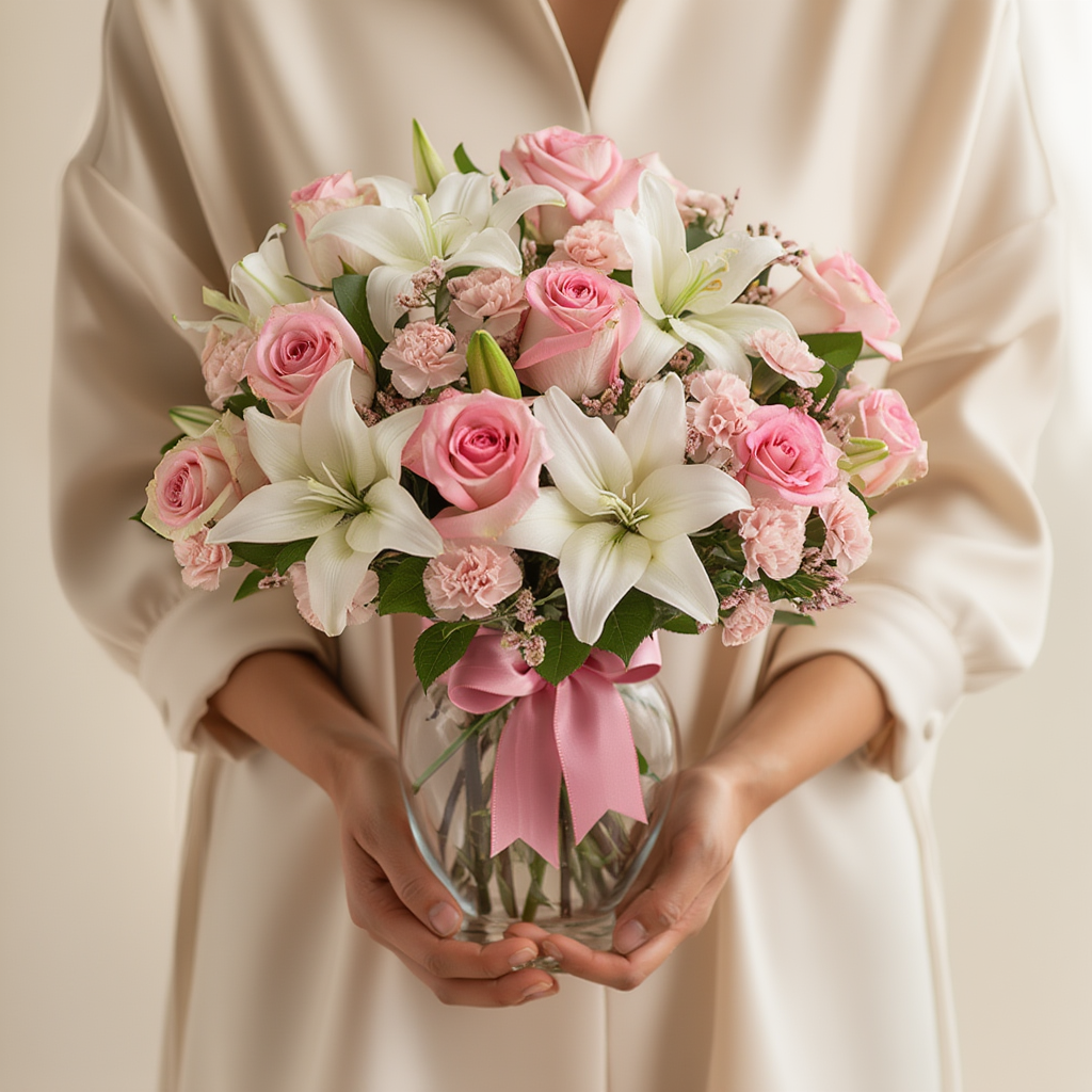 Bouquet of pink and white flowers in a clear vase held by a person wearing a beige outfit.