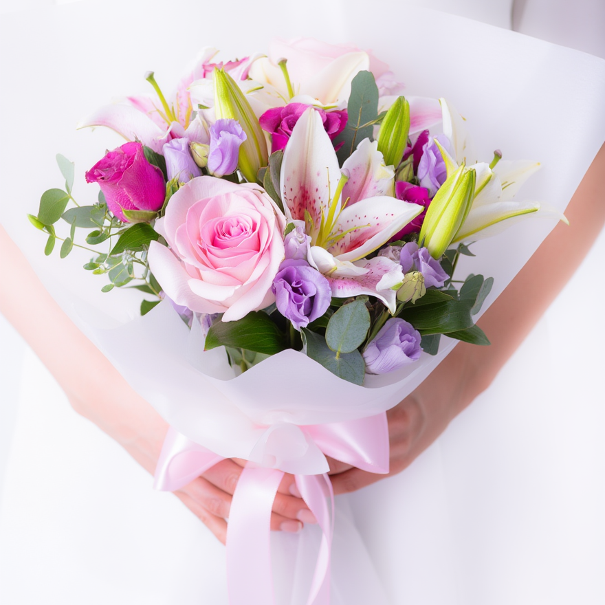 Bouquet of flowers held by a person with a white background