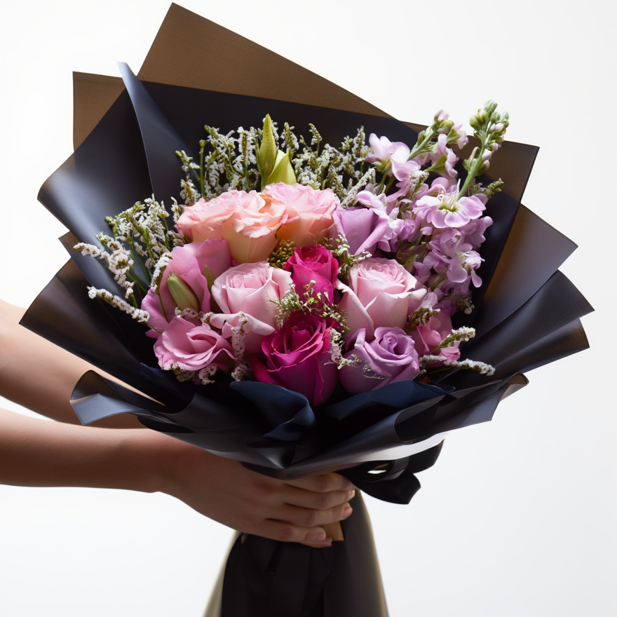Bouquet of pink and purple flowers wrapped in black paper held by a person.