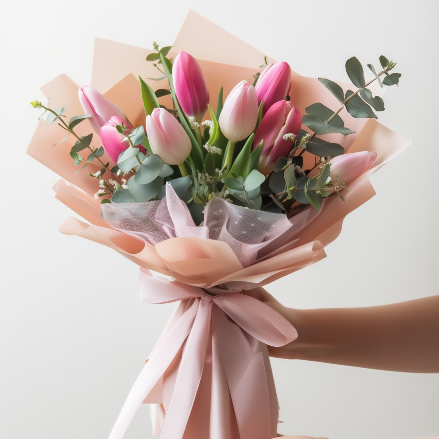 Bouquet of pink and white tulips wrapped in light brown paper with a pink ribbon, held against a light background.