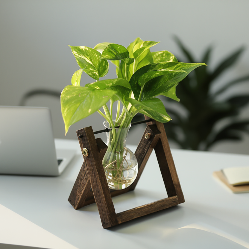 Hydroponic Money Plant in Wooden Frame Glass Vase – Indoor Desk Plant