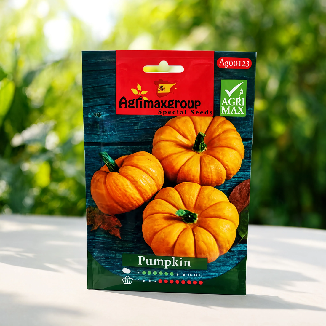 Agrimax Pumpkin seeds packet for growing orange pumpkins in home gardens, raised beds, greenhouses, and commercial vegetable farms.