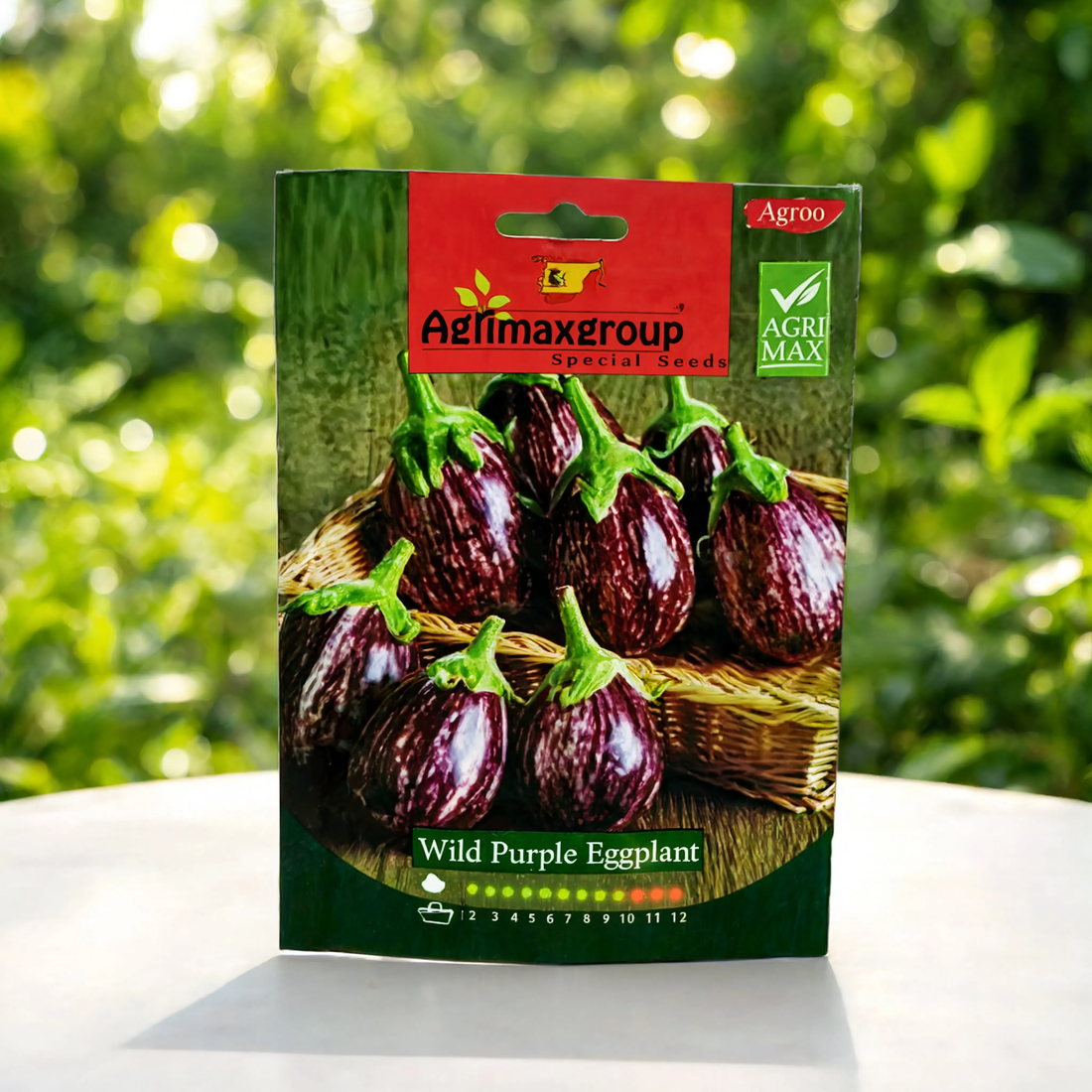 Agrimax Wild Purple Eggplant seeds packet for growing glossy purple brinjal in home gardens, raised beds, greenhouses, and commercial vegetable farms.
