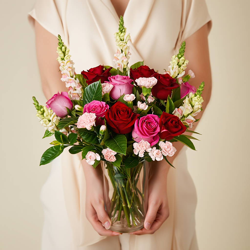 Bouquet of red and pink roses held by a person against a neutral background