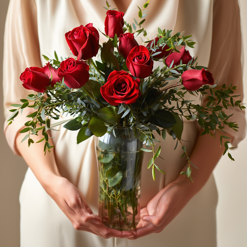 Bouquet of red roses held by a person against a neutral background