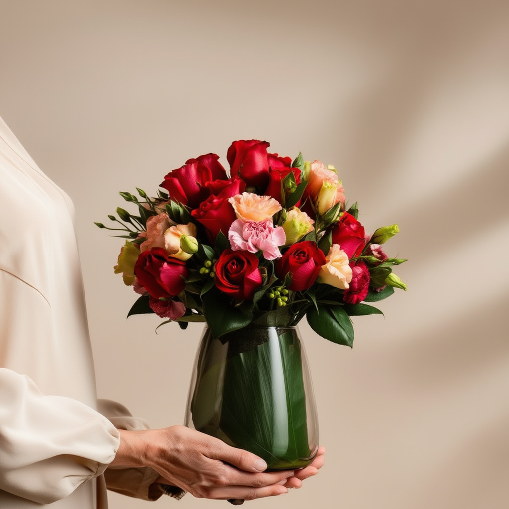 Person holding a vase of colorful flowers against a neutral background