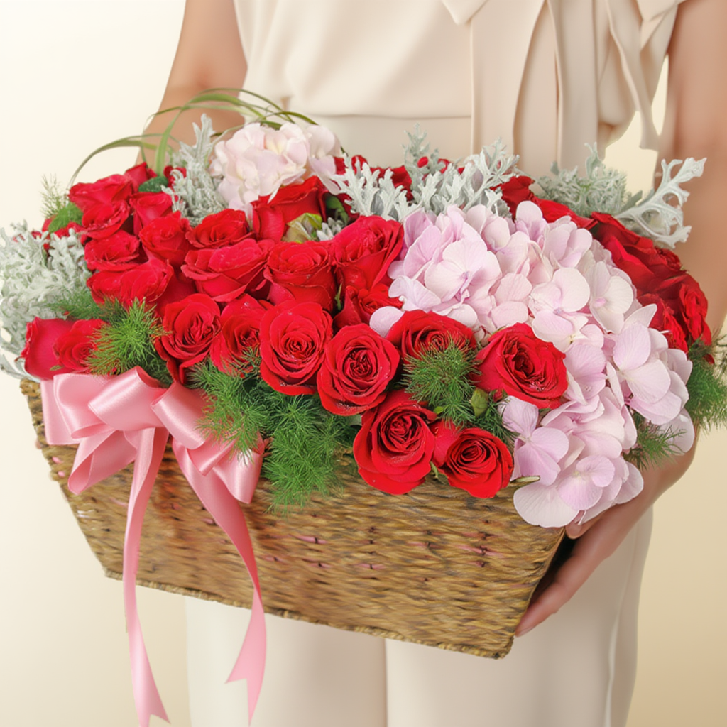 Elegant flower basket with red roses, pink Eustoma, pink hydrangeas, and seasonal foliage beautifully arranged in a luxury floral design.