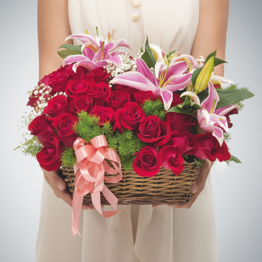 Elegant flower basket with red roses, pink lilies, pink hydrangeas, and seasonal foliage beautifully arranged in a luxury floral design.