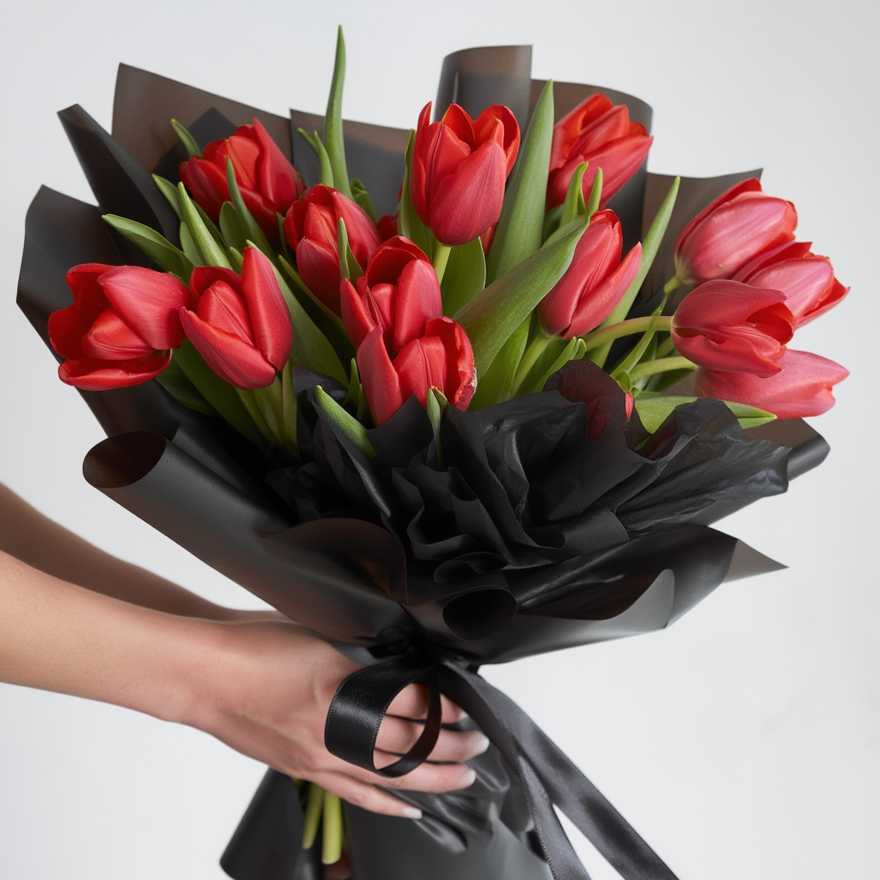 Bouquet of red tulips wrapped in black paper with a hand holding it against a light gray background