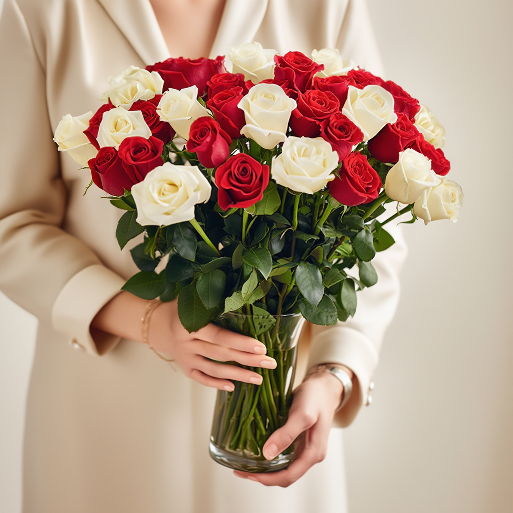 Bouquet of red and white roses held by a person in a light-colored outfit.