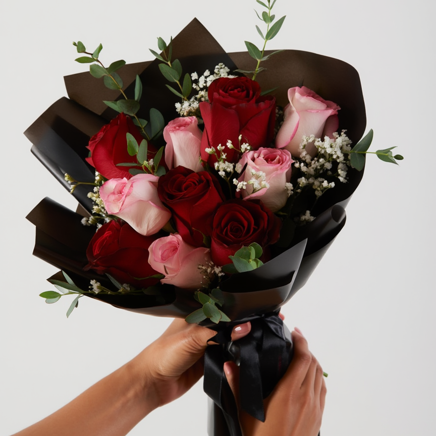 Bouquet of red and pink roses wrapped in black paper held by a person against a light gray background