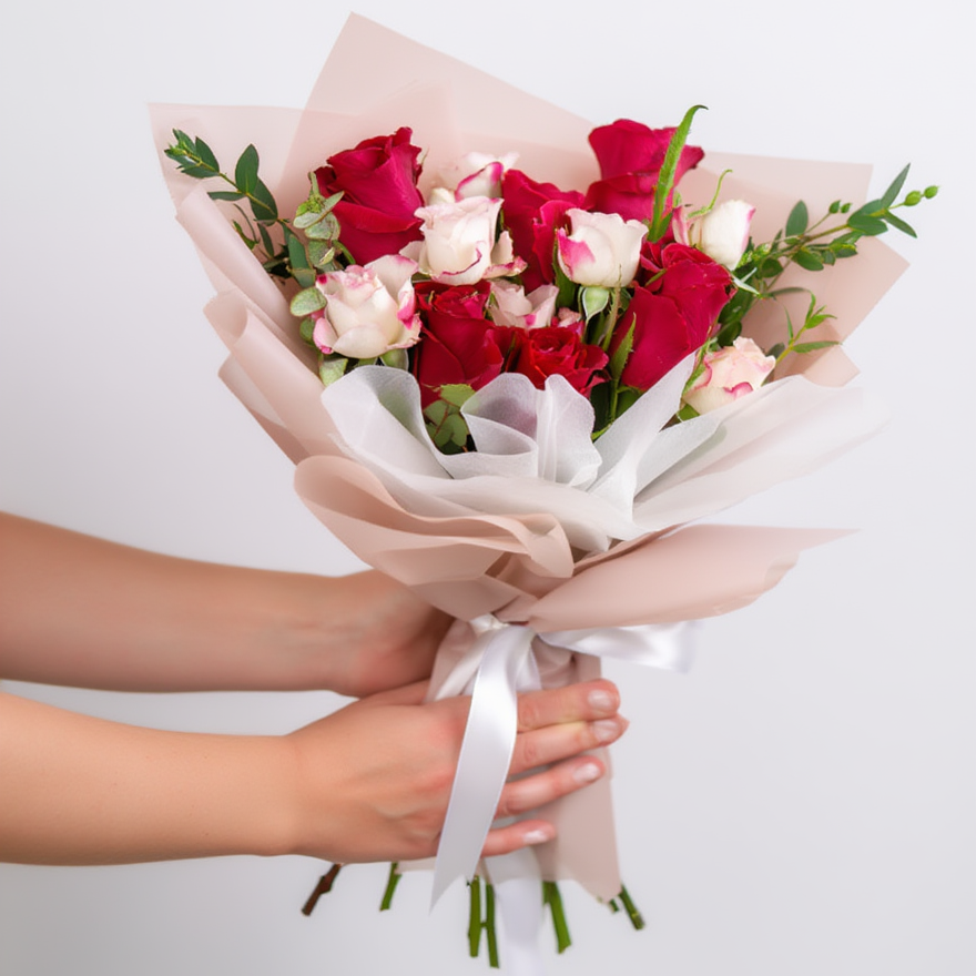 Bouquet of red and white roses held by a person against a light background