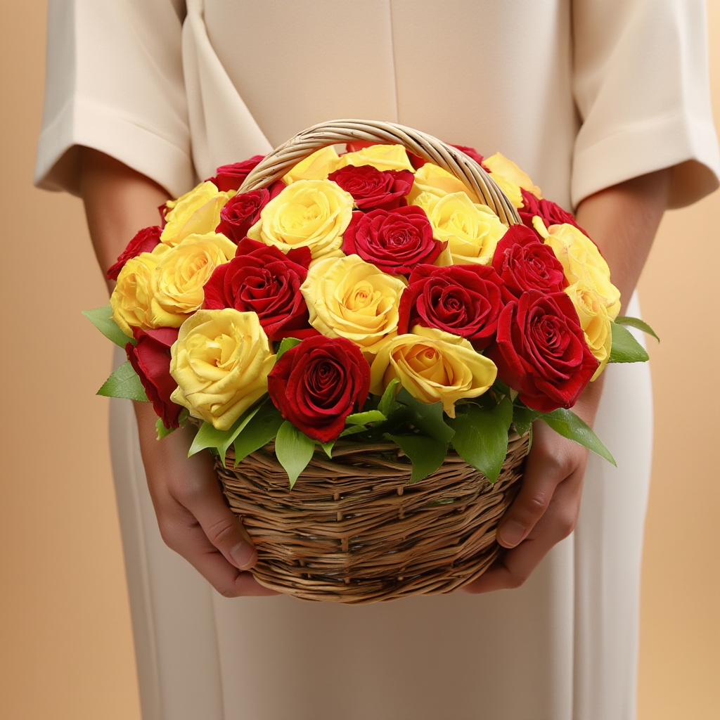 Elegant wooden basket arrangement with red roses, yellow roses, seasonal foliage, and delicate fillers beautifully crafted in a colorful floral design.
