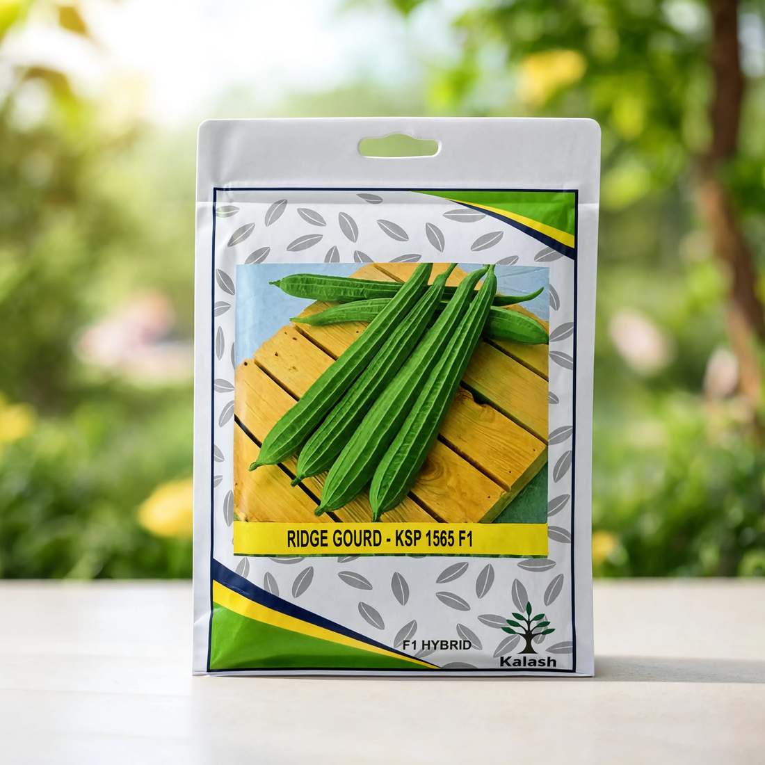 Kalash KSP 1565 F1 Hybrid Ridge Gourd seeds packet for growing long green ridge gourds in home gardens, trellises, greenhouses, and commercial vegetable farms.