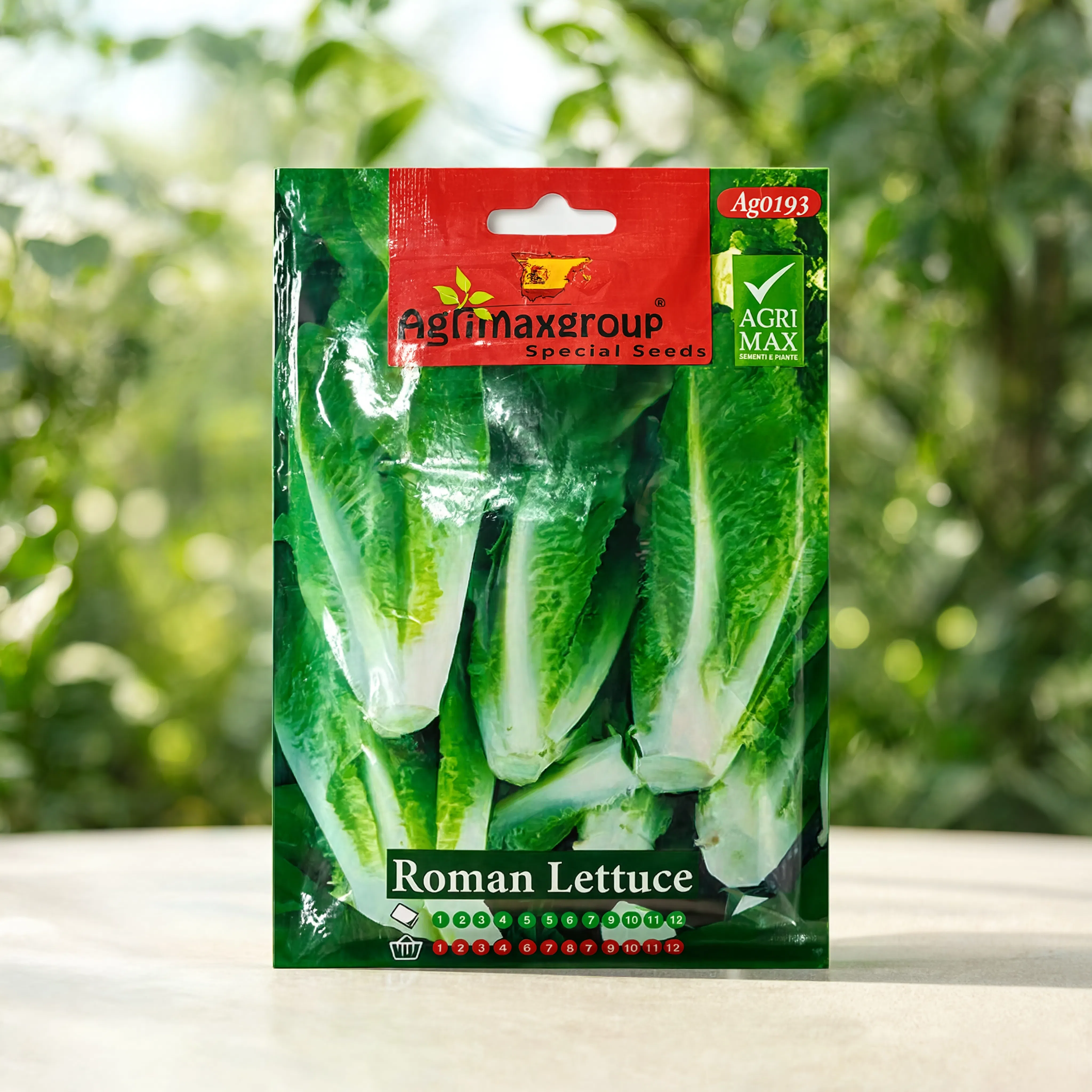 Agrimax Roman Lettuce seeds packet for growing crisp romaine lettuce in home gardens, raised beds, hydroponic systems, and vegetable farms.