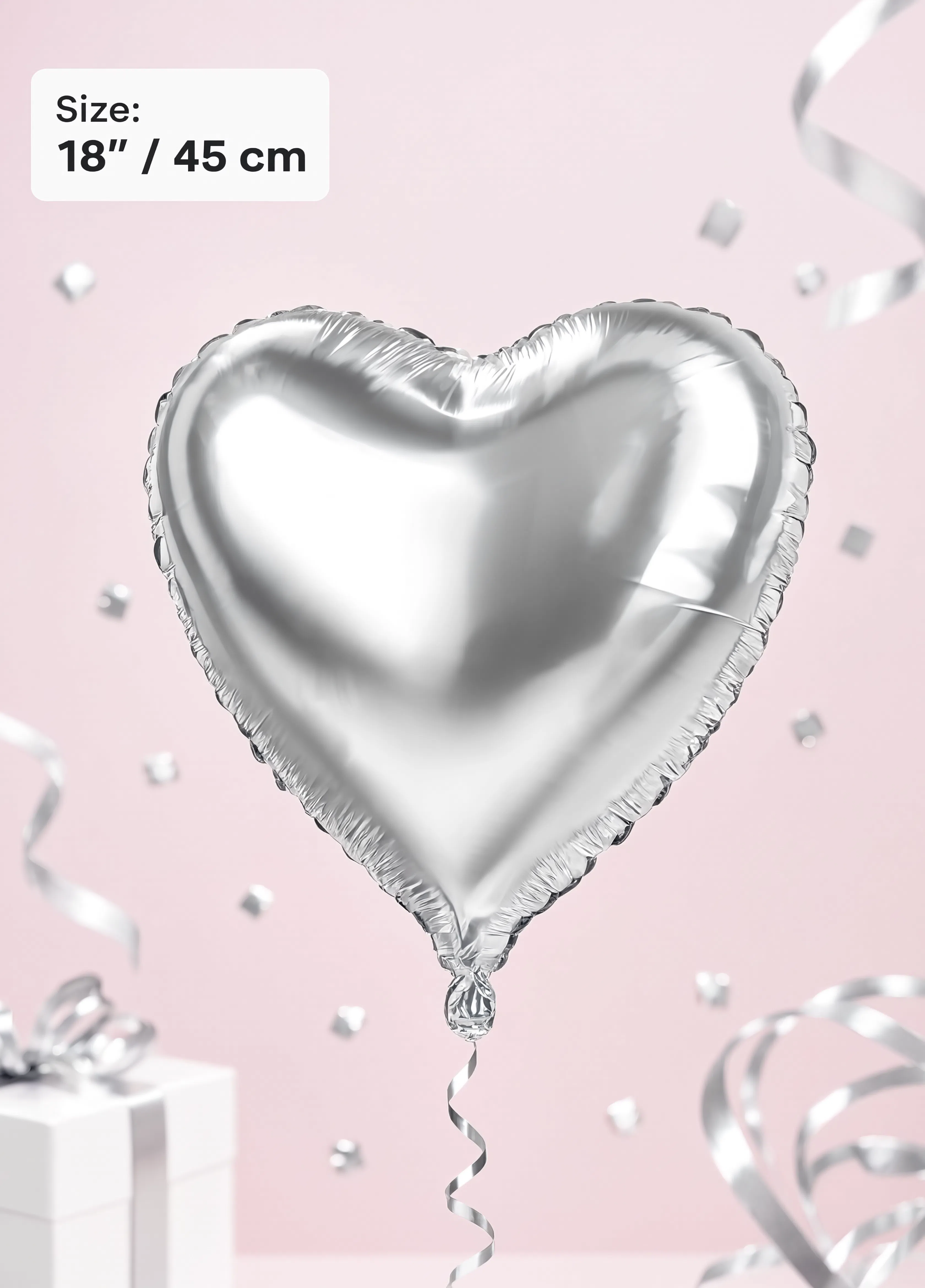 18-inch metallic silver heart-shaped foil balloon for weddings, anniversaries, birthdays, Valentine&