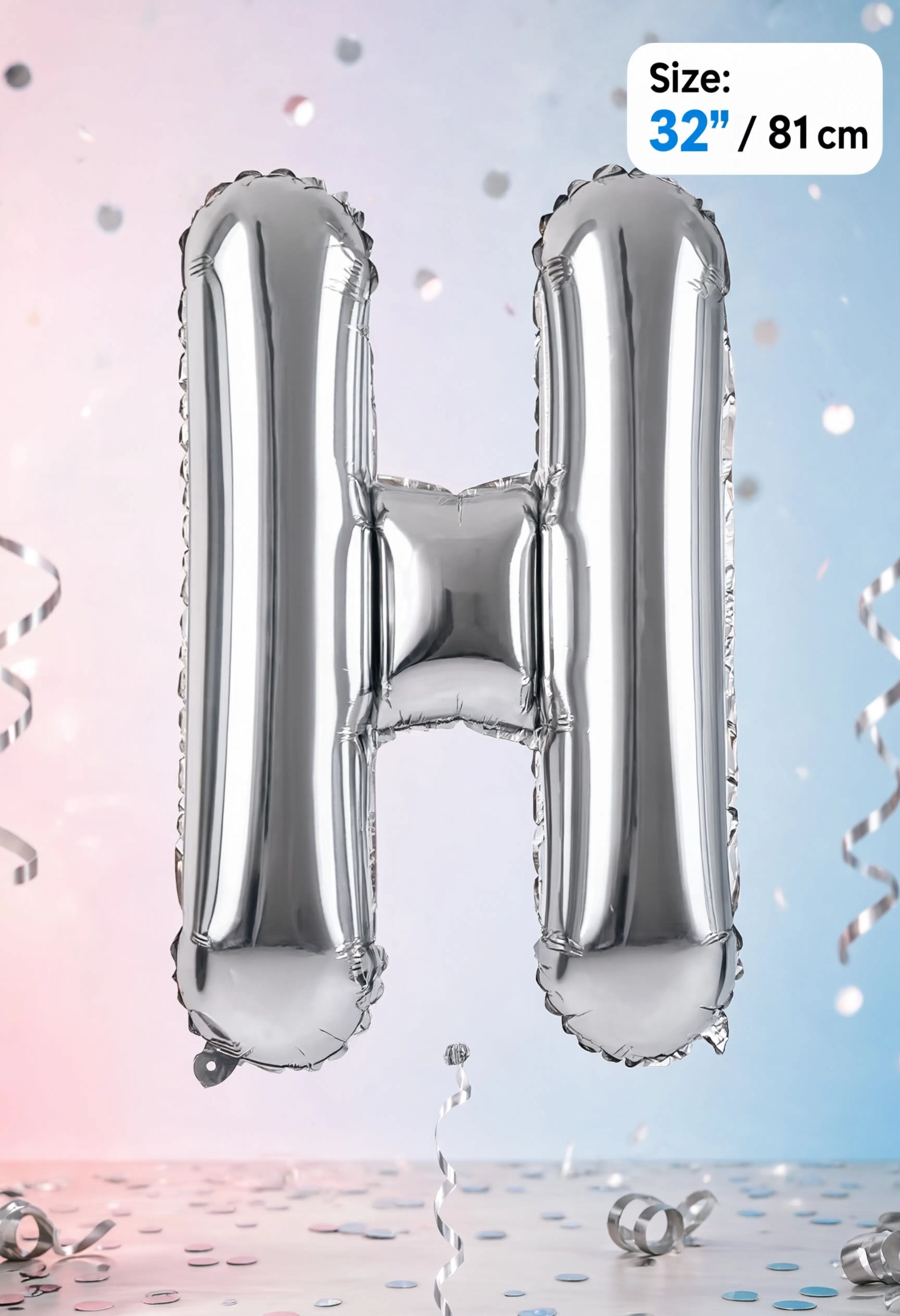 Silver Letter H foil balloon 32 inch (81 cm) metallic alphabet balloon for birthday, wedding, baby shower, anniversary, party decoration and same-day balloon delivery in Dubai.