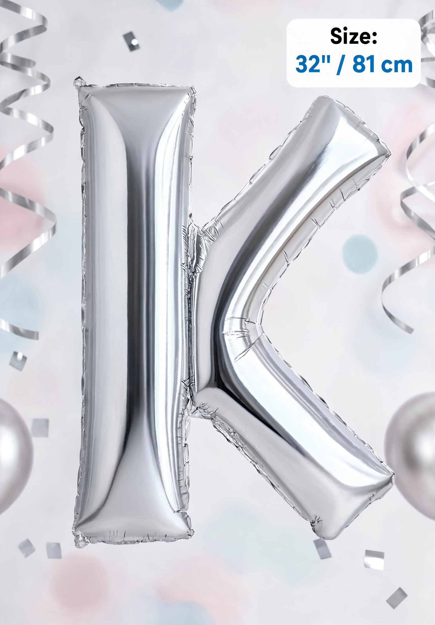 Silver Letter K foil balloon 32 inch (81 cm) metallic alphabet balloon for birthday, wedding, baby shower, anniversary, party decoration and same-day balloon delivery in Dubai.
