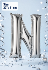 Silver Letter N foil balloon 32 inch (81 cm) metallic alphabet balloon for birthday, wedding, baby shower, anniversary, party decoration and same-day balloon delivery in Dubai.