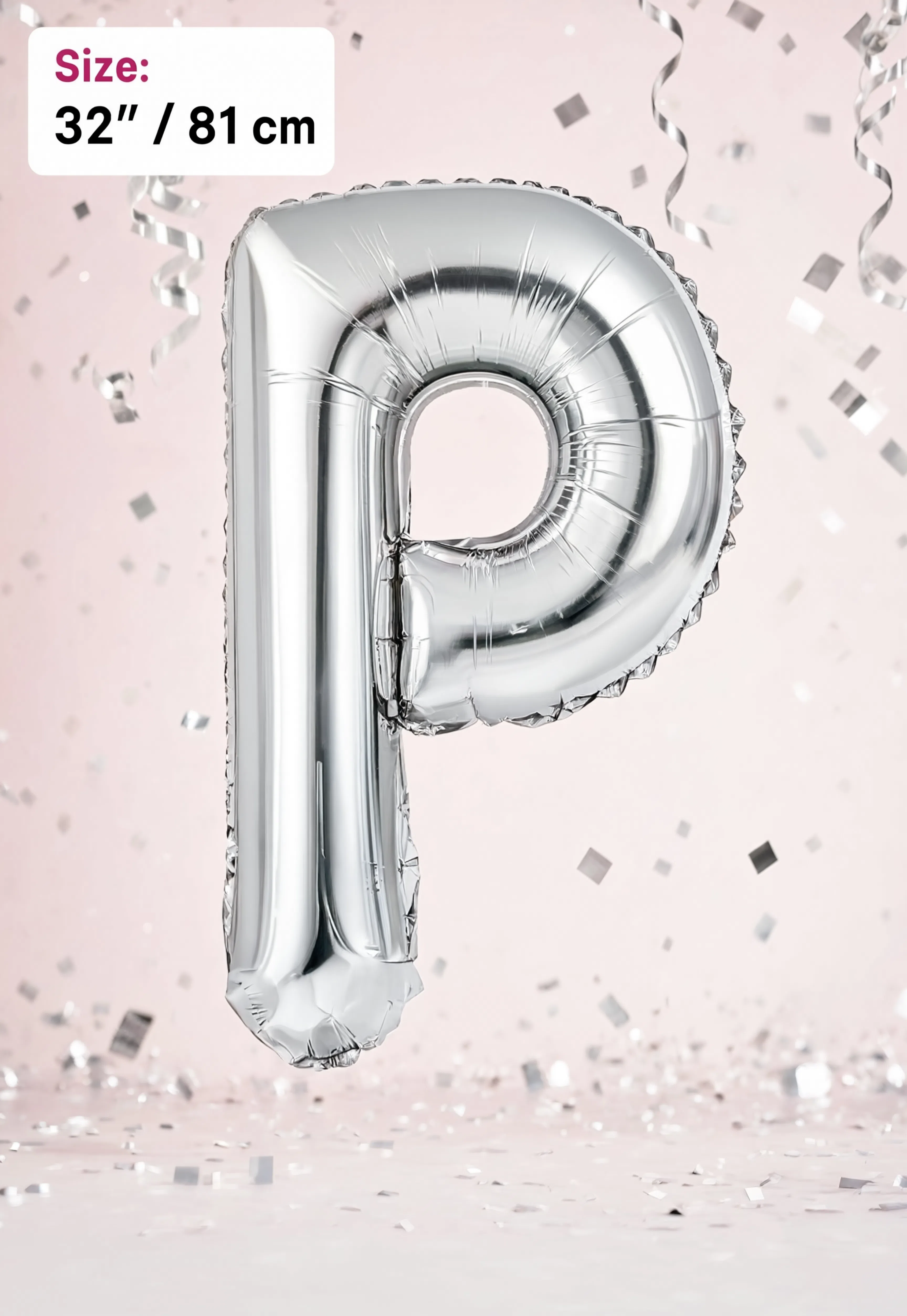 Silver Letter P foil balloon 32 inch (81 cm) metallic alphabet balloon for birthday, wedding, baby shower, anniversary, party decoration and same-day balloon delivery in Dubai.