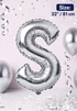 Silver Letter S foil balloon 32 inch (81 cm) metallic alphabet balloon for birthday, wedding, baby shower, anniversary, party decoration and same-day balloon delivery in Dubai.