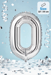 Silver Number 0 foil balloon 32 inch (81 cm) metallic balloon for birthday milestone celebrations, New Year party decorations, anniversaries, and same-day balloon delivery in Dubai.