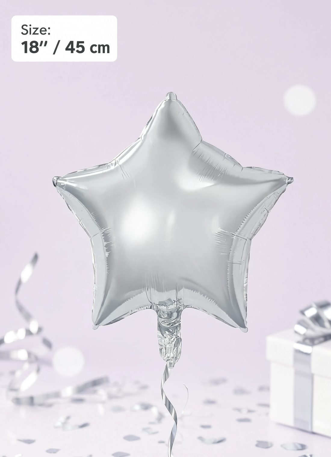 18-inch metallic silver star-shaped foil balloon for birthdays, weddings, anniversaries, graduations, baby showers, and party decorations.