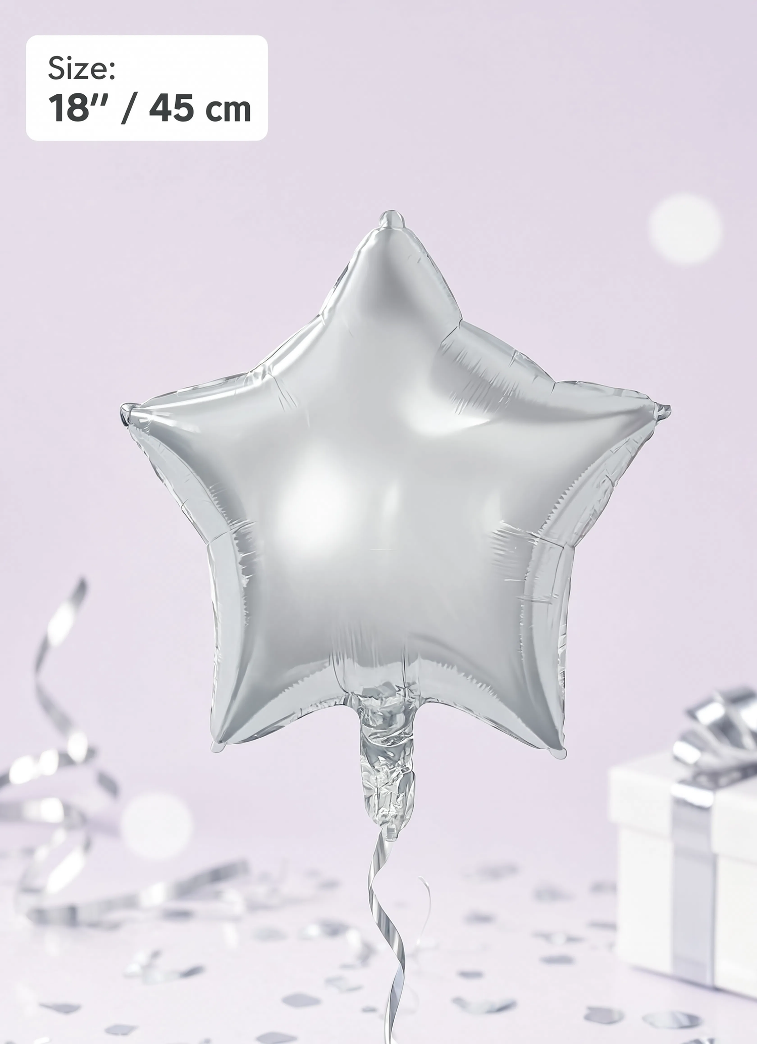 18-inch metallic silver star-shaped foil balloon for birthdays, weddings, anniversaries, graduations, baby showers, and party decorations.