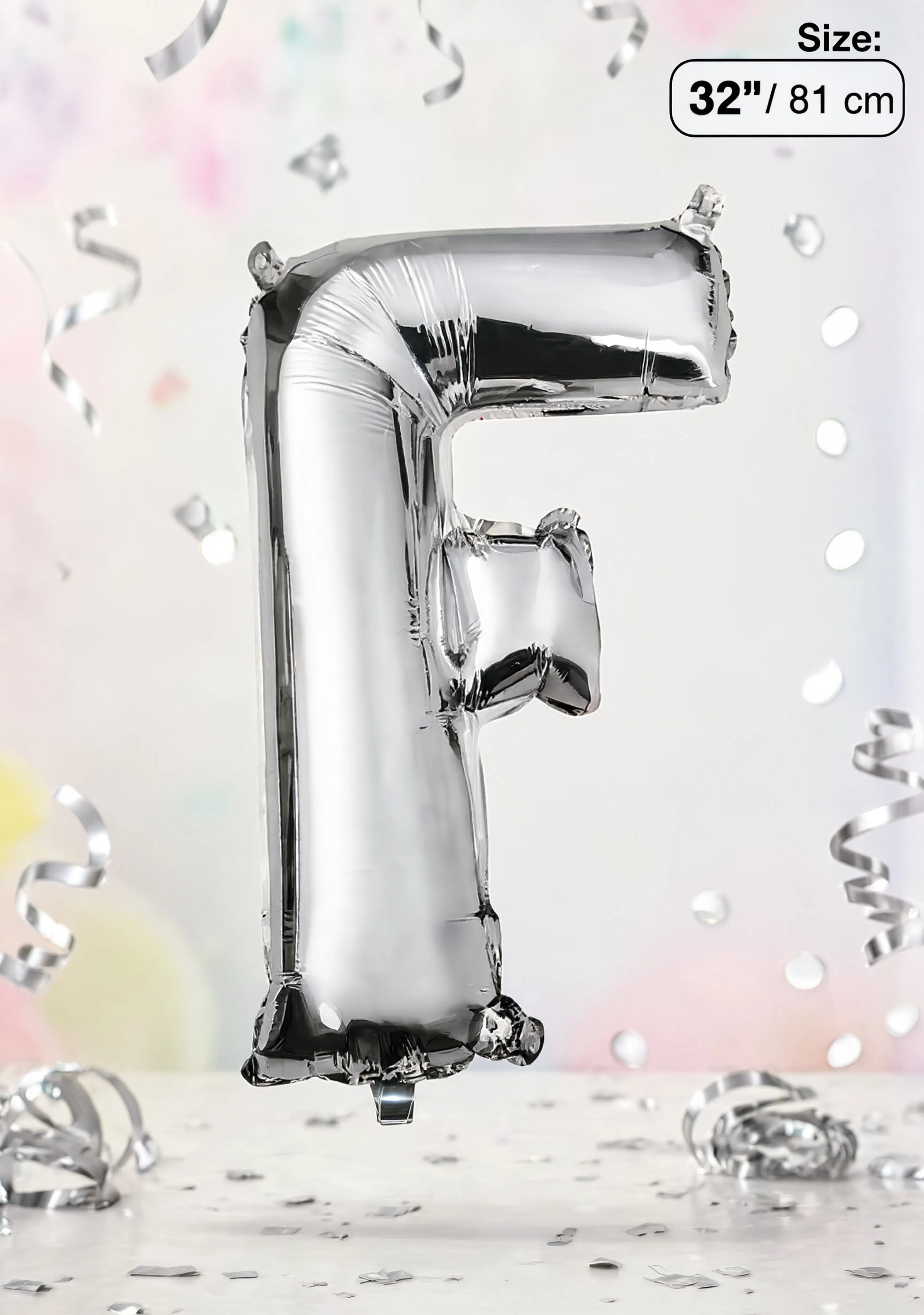 Silver Letter F foil balloon 32 inch (81 cm) metallic alphabet balloon for birthday, wedding, baby shower, anniversary, party decoration and same-day balloon delivery in Dubai.