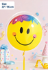 Smiley face balloon with colorful hair against a pink background with confetti and party decorations.