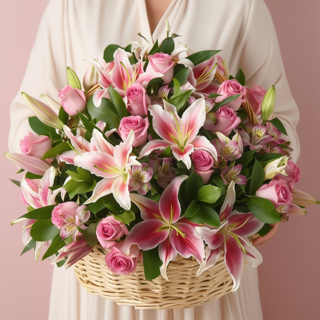 Elegant flower basket with pink lilies, pink roses, and seasonal foliage beautifully arranged in a luxury floral design.