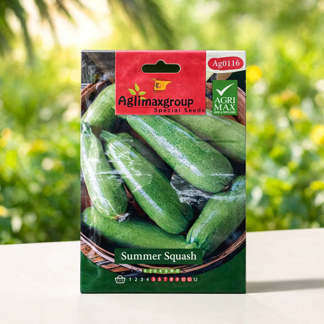 Agrimax Summer Squash seeds packet for growing tender green summer squash in home gardens, raised beds, containers, greenhouses, and commercial vegetable farms.
