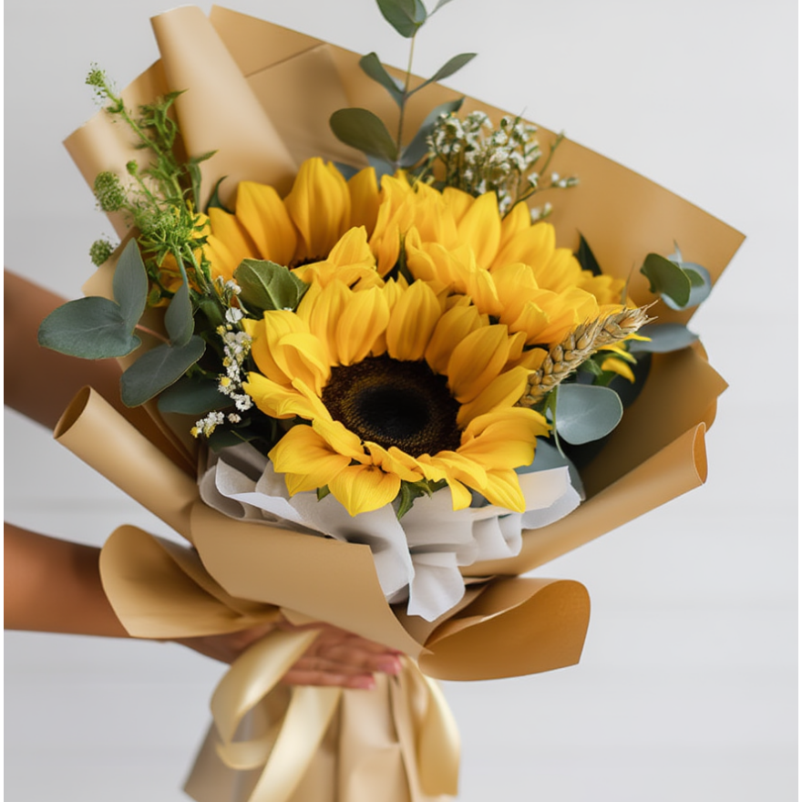 Bouquet of yellow sunflowers wrapped in brown paper with greenery on a light gray background