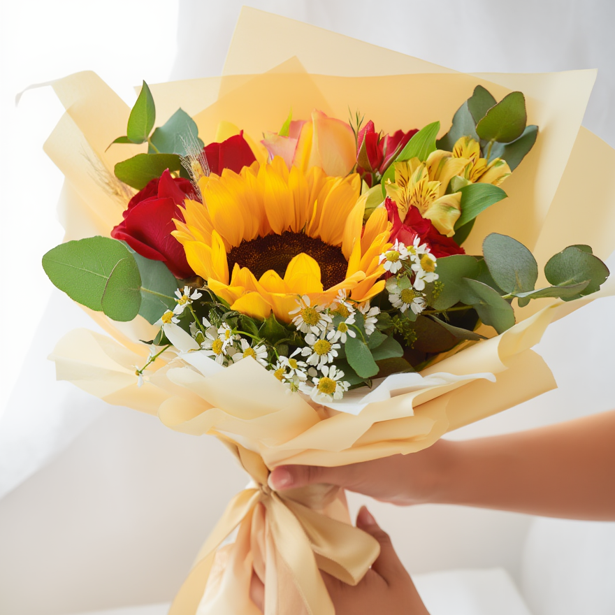 Bouquet of flowers with a sunflower held by a person against a white background