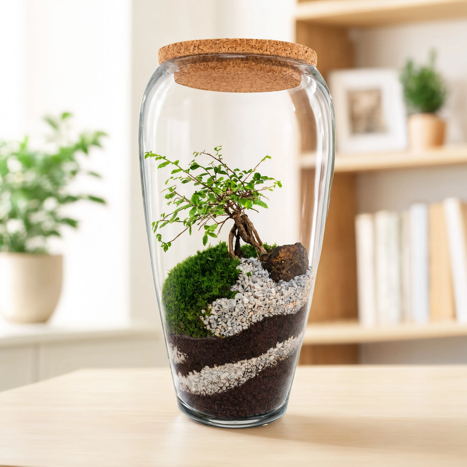 Handmade bonsai landscape terrarium in a tall glass vase with cork lid, featuring a miniature bonsai tree, moss, decorative white gravel, and layered soil.