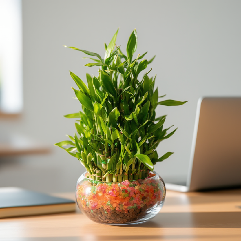 Lucky Bamboo Hydroponic Plant in Glass Bowl – Feng Shui Indoor Desk Plant | Home &amp; Office Decor