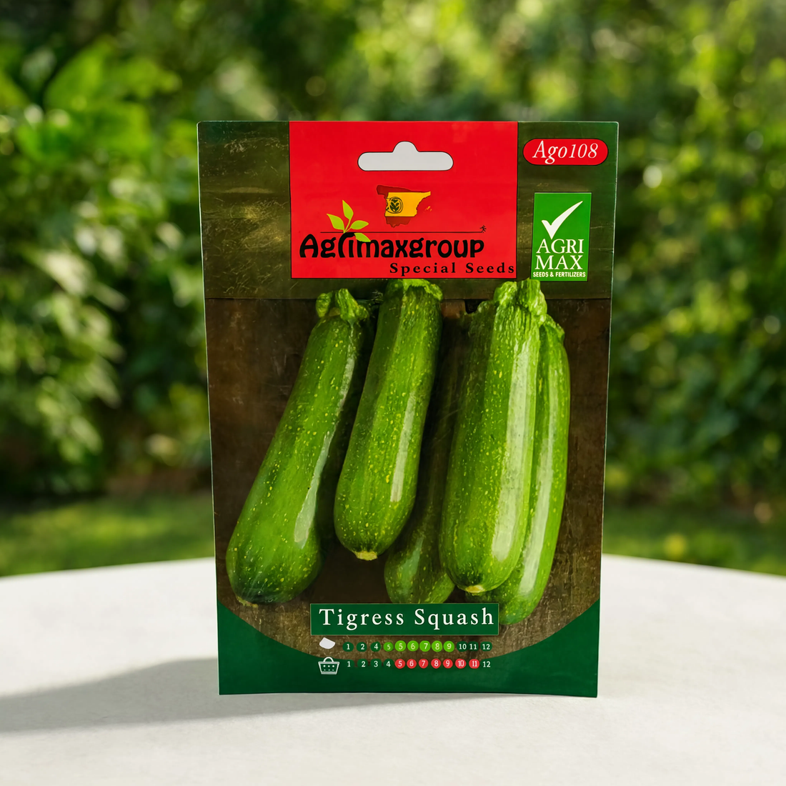 Agrimax Tigress Squash seeds packet for growing green zucchini squash in home gardens, raised beds, greenhouses, and commercial vegetable farms.