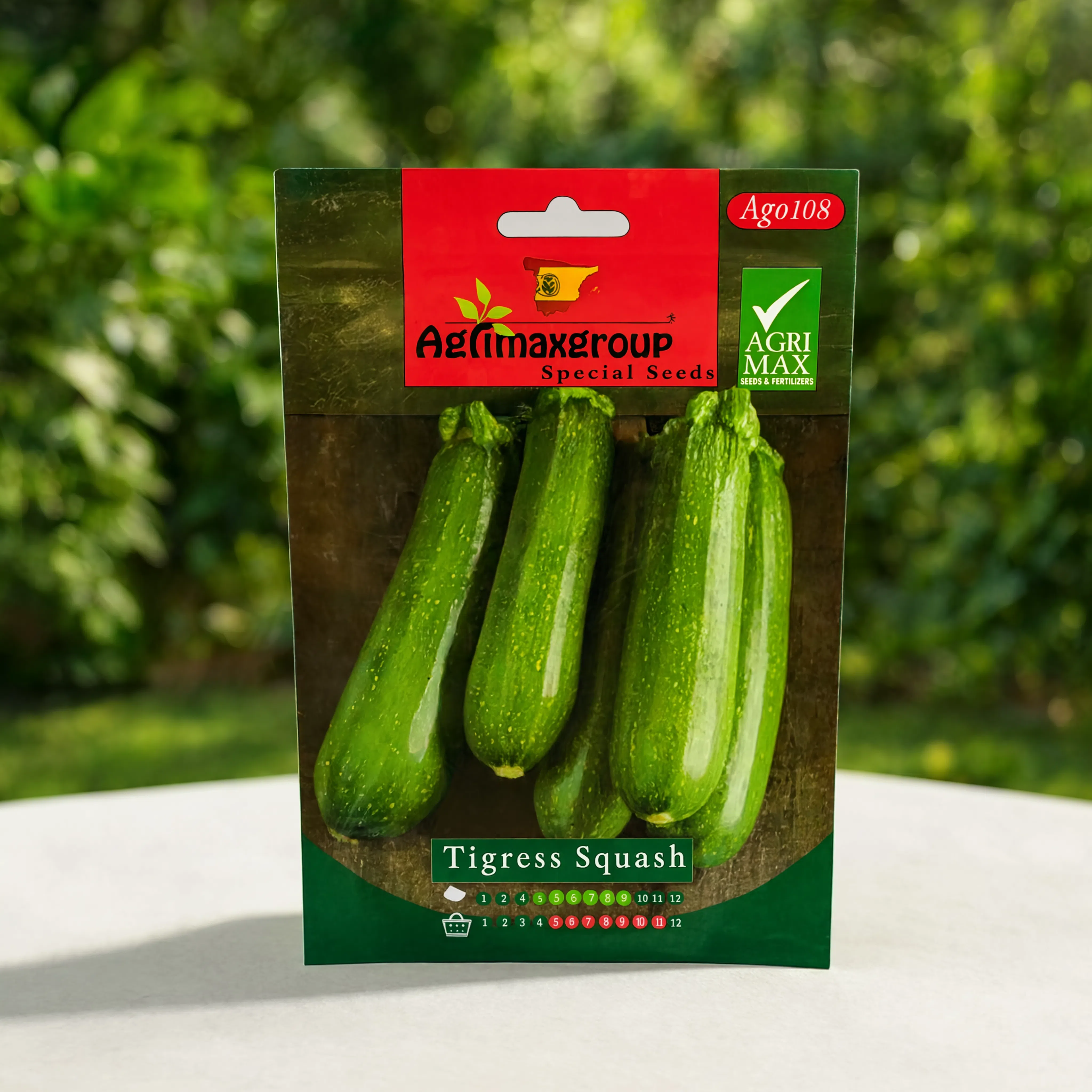 Agrimax Tigress Squash seeds packet for growing green zucchini squash in home gardens, raised beds, greenhouses, and commercial vegetable farms.