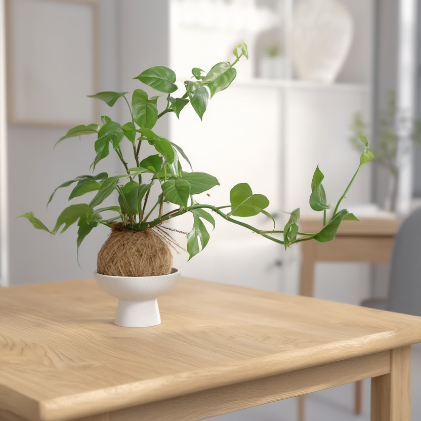 Monstera Kokedama Plant in Ceramic Stand – Japanese Moss Ball Indoor Plant