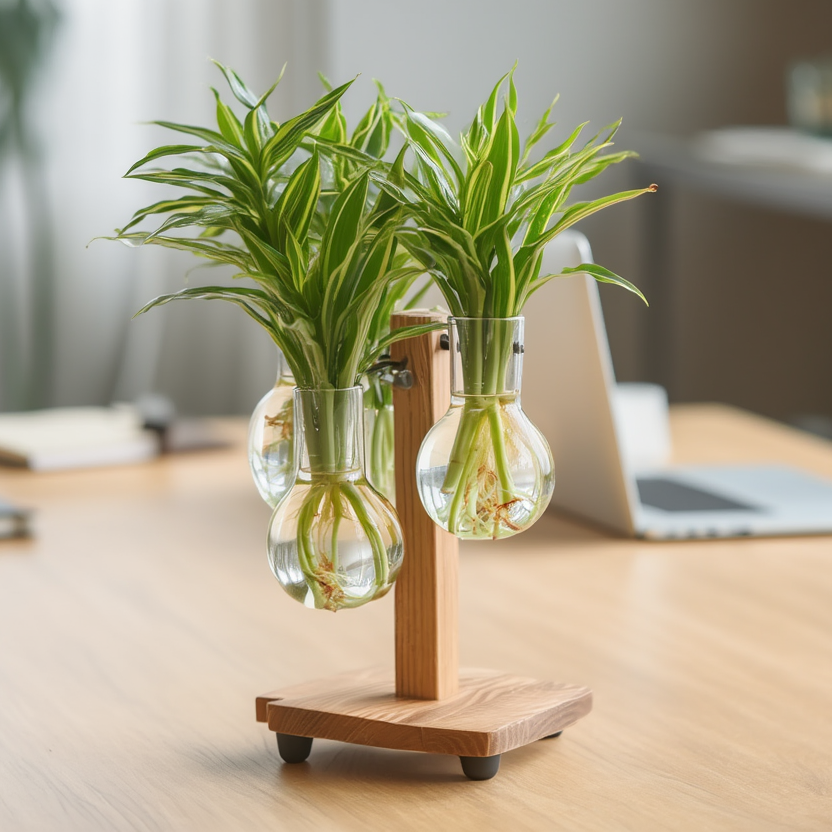 Triple Hydroponic Lucky Bamboo Plant in Hanging Glass Bulb Vases with Wooden Stand