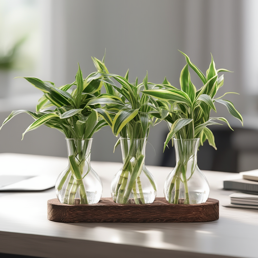 Triple Lucky Bamboo Hydroponic Plant Set in Glass Vases with Wooden Base – Feng Shui Indoor Desk Plant