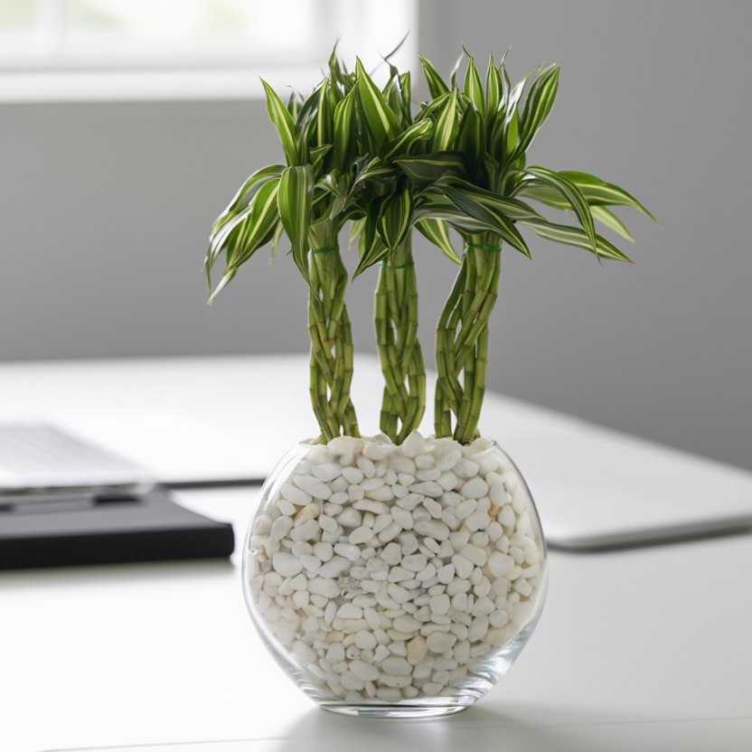 Braided Lucky Bamboo Plant in Glass Bowl with White Pebbles – Feng Shui Hydroponic Indoor Plant