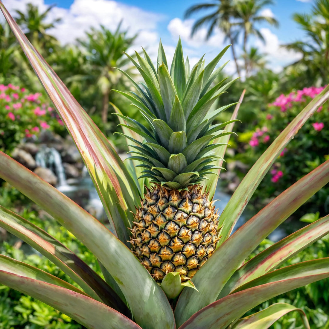 Pineapple plant with ripening fruit and spiky leaves in tropical garden – Nura Flowers Dubai