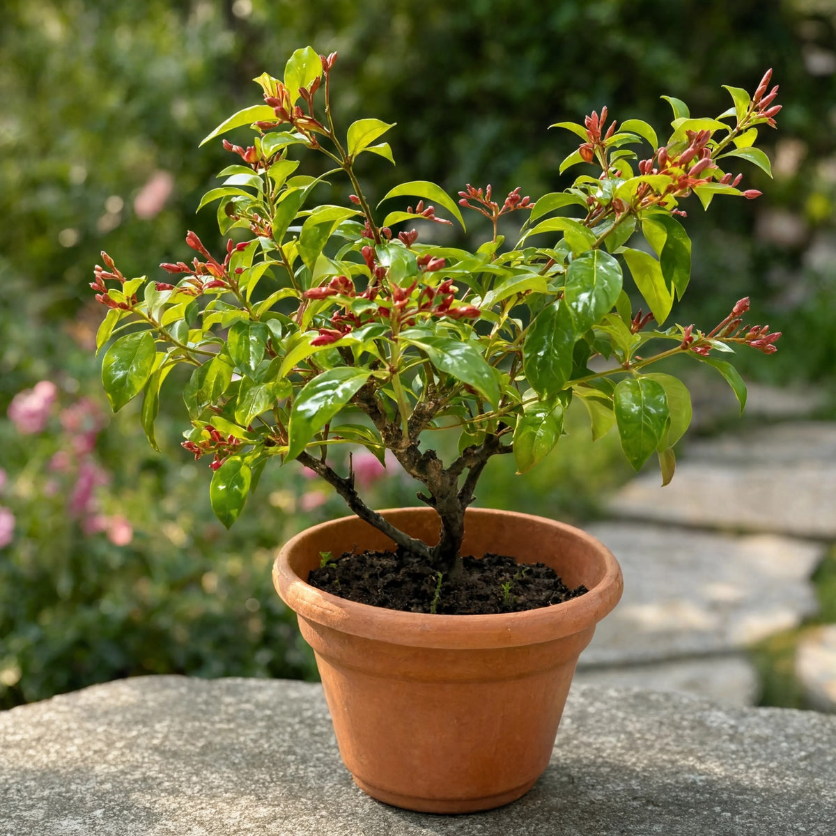 Hamelia Firebush plant with clusters of orange-red flower buds in terracotta pot – Nura Flowers Dubai