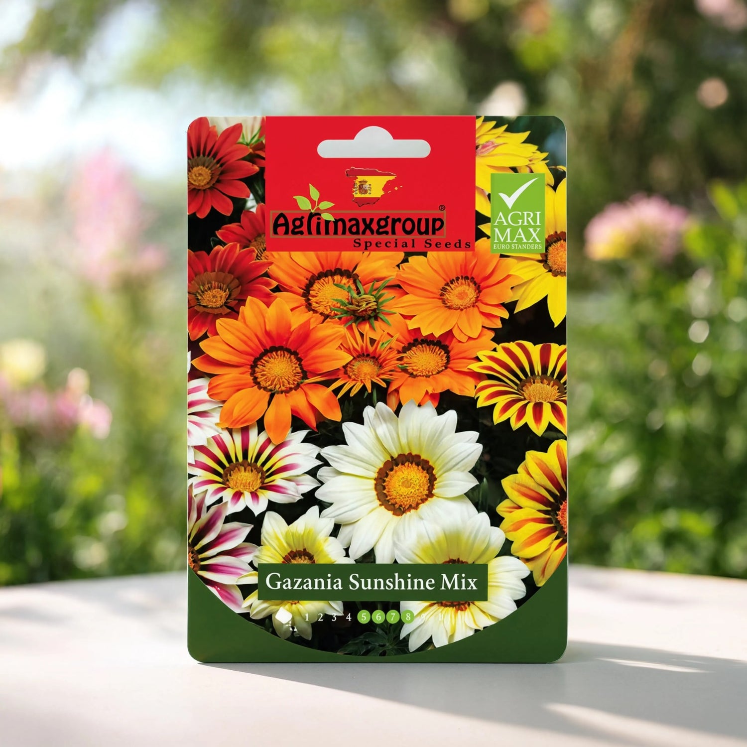 Agrimax Gazania Sunshine Mix flower seed packet with colorful daisy blooms – Nura Flowers Dubai