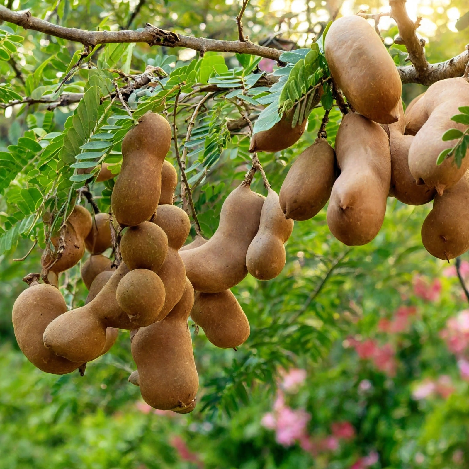 Ripe tamarind pods hanging on tree branch with green leaves – Nura Flowers