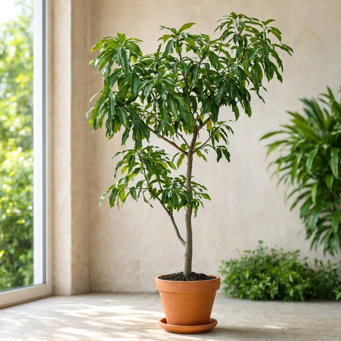Potted grafted mango tree with lush green leaves indoors – Nura Flowers Dubai
